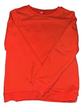 GUESS Orange-Red Embossed Triangle Logo Crewneck Sweater